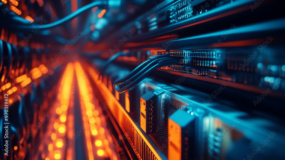Poster close-up of server racks with cables and illuminated components