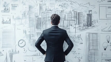 Businessman Analyzing Innovative Business Sketches and Ideas for Growth and Success