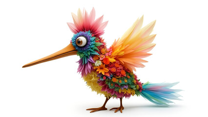 Fototapeta premium A colorful, whimsical bird with large eyes a long beak made entirely of vibrant flowers The bird appears to be made of various materials giving it a unique artistic style on a plain blank white backgr