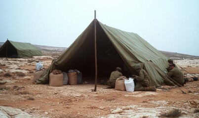 Soldiers Set Up Emergency Tents and Supplies in Desolate Landscape