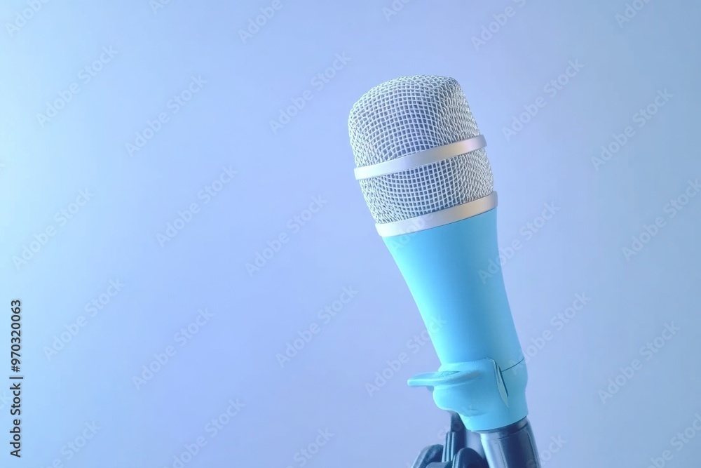 Poster Minimalistic Microphone on Stand with White Background for Public Speaking and Elocution Concepts
