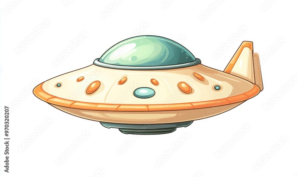 Poster cartoon icon of a flying ufo in 2d style designed for web applications set against a white backgroun