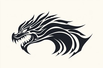 Obraz premium Stunning monochrome 2D cartoon tribal tattoo design featuring a stylized black dragon head set against a white background