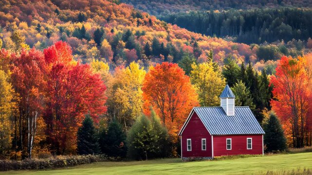A vibrant autumn landscape featuring a red barn surrounded by colorful fall foliage.