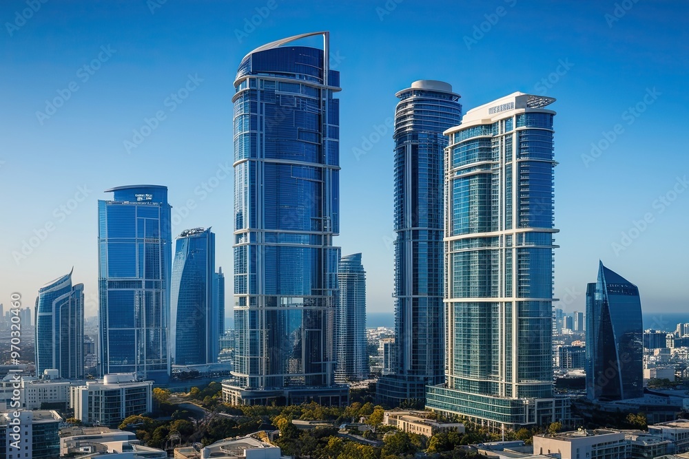 Poster innovative high-rises in a tech-forward metropolis with dynamic viewpoint against a blue backdrop