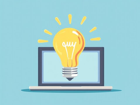 Laptop screen with a bulb emerging set against a blue backdrop Represents freelance roles like designer or writer 2D cartoon flat illustration symbolizing creativity ideas and inspiration