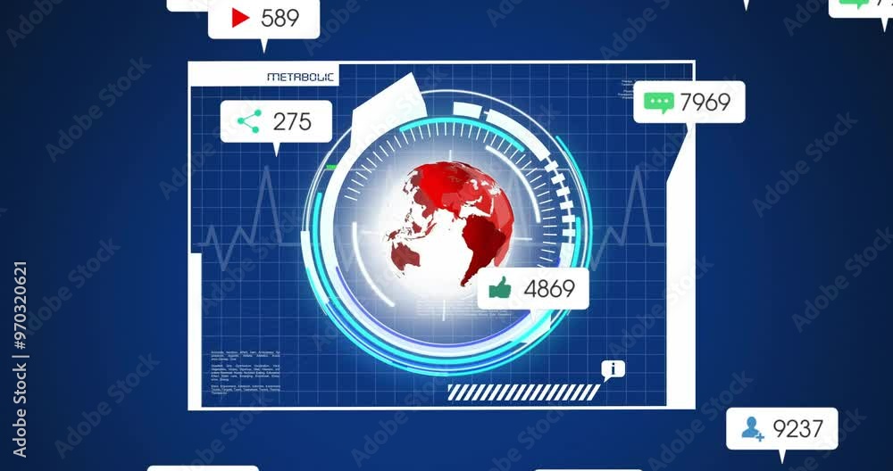 Poster animation of icons and data processing with globe over screen