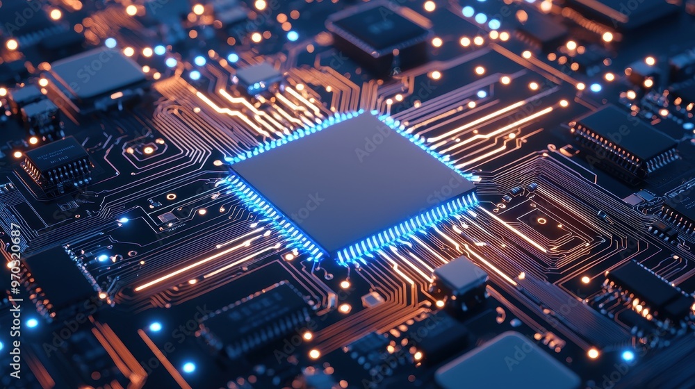 Poster circuit board with glowing processor and tracks