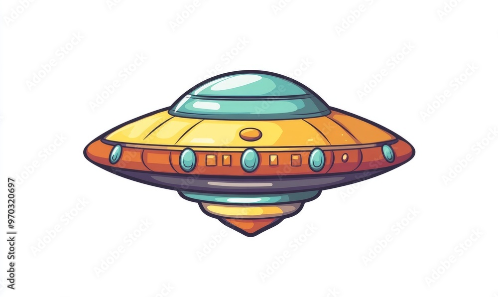 Poster cartoon icon of a flying ufo in 2d style designed for web applications set against a white backgroun