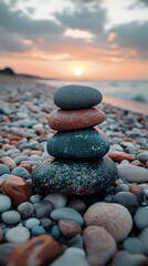 A stack of colorful stones on a beach during sunset with gentle waves lapping at the shore and a warm glow in the sky wallpaper