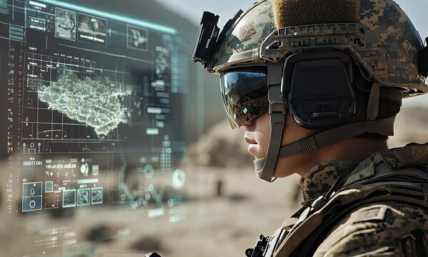 A soldier uses advanced technology for reconnaissance in a military setting.