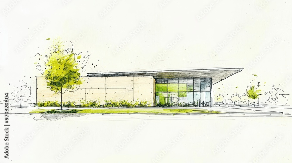 Poster hand drawn sketch of modern architecture building with large windows and green landscaping