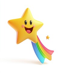 Adorable cartoon shooting star featuring a rainbow tail presented as a 3D and 2D illustration against a white background