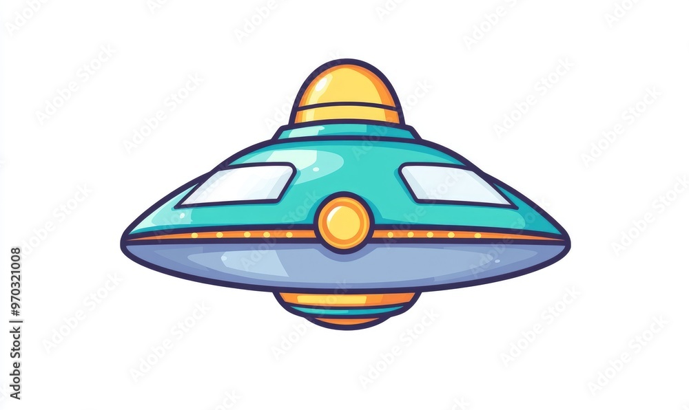 Poster cartoon icon of a flying ufo in 2d style designed for web applications set against a white backgroun