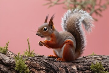 Obraz premium Bold Red Squirrel Gazing Against a Pastel Lavender Backdrop in NatureAdorable Red Squirrel Nestled on Soft Coral Background