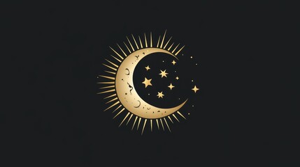 Fototapeta premium Elegant gold logo featuring sun moon and stars in a flat design style