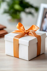 Elegant personalized gift box on a wooden table with shiny ribbon, special occasions. Soft lighting and warm atmosphere for this custom, unique, and thoughtful present for holidays or weddings.