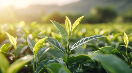 Fototapeta premium Close-up of vibrant green tea leaves in a sunlit field, showcasing fresh growth