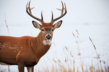 Fototapeta premium Captivating Noble Red Deer Portrait Showcasing Curious Cervid Against Bright White Background