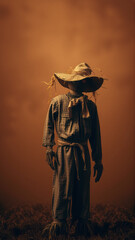 Halloween background with scarecrow standing in eerie fog