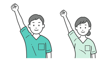 ガッツポーズをする歯科医男女の上半身イラスト
