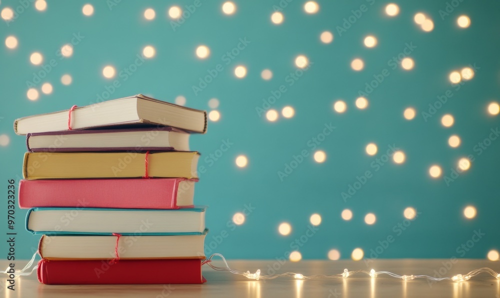 Poster minimalist stack of textbooks with festive string lights on blue background