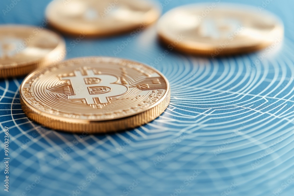 Poster Close-up of Bitcoin Coins on Abstract Circuit Board Background - Modern Digital Currency Concept