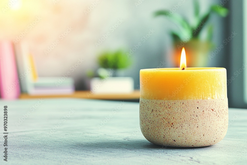 Poster Minimalist Desk with Burning Candle Creating Calming Ambience in Modern Office Setting