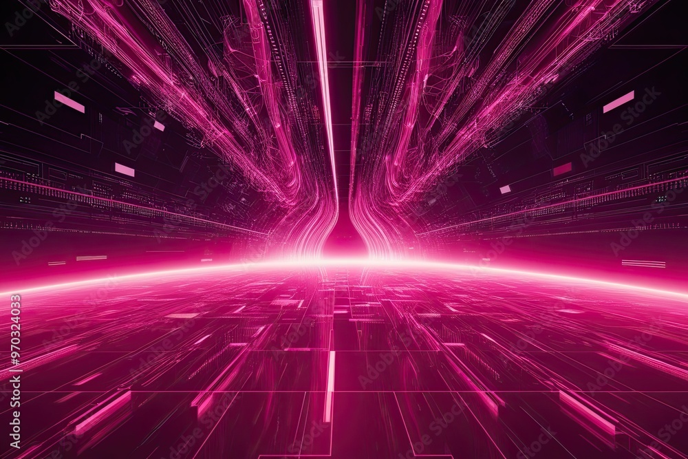 Poster vibrant magenta digital landscape featuring dynamic data flows and intricate network design