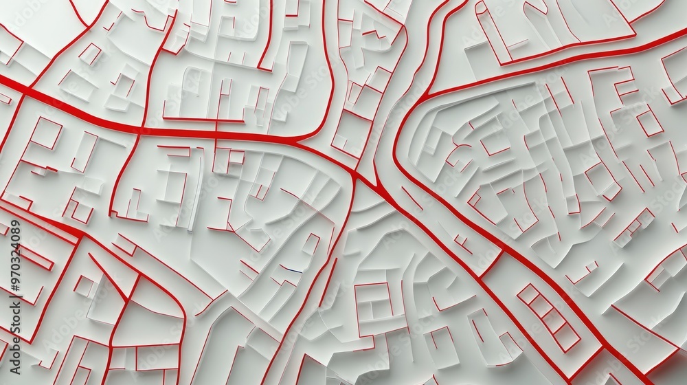 Poster map of streets created with red lines on white paper aerial flat view design in 3d rendering illustr