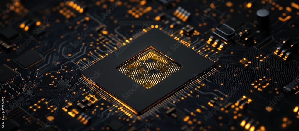 Poster a microchip featuring a central processing unit symbolizes a country s outline on a black background