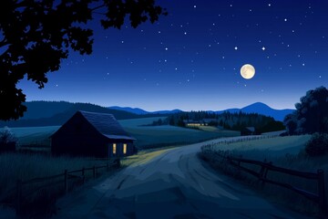 A tranquil country road winds through a peaceful valley under a full moon and starry night sky.