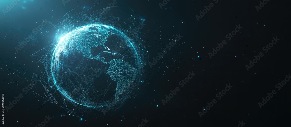 Poster glossy polygonal mesh representation of the globe featuring glare effects abstract mesh lines triang