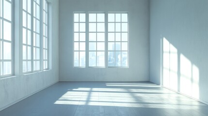 Bright empty room featuring a large window that allows sunlight to pour in 3D rendering