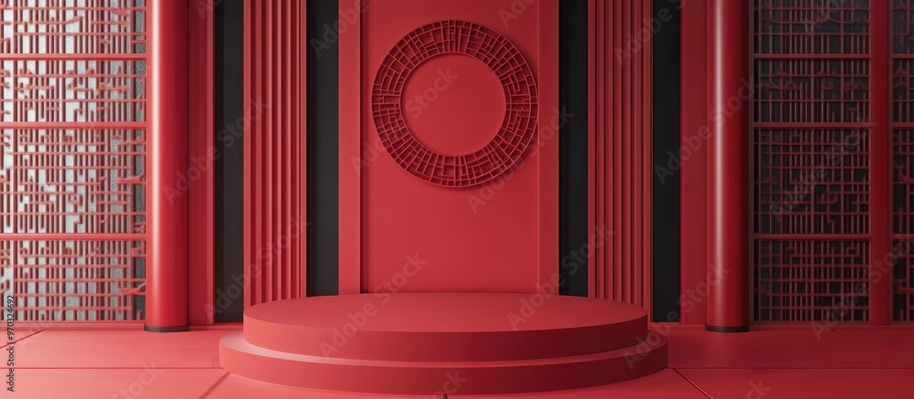 Poster 3d rendering of a podium designed for product display set against a chinese inspired background view