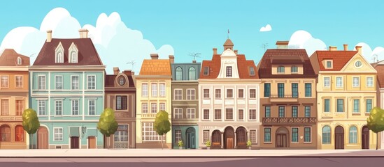 Obraz premium Flat cartoon historic buildings of a city with traditional architecture