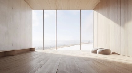 Fototapeta premium Concept of a minimalist Scandinavian interior featuring a spacious room with wooden flooring large walls and a white landscape view through the window 3D rendering of Nordic design
