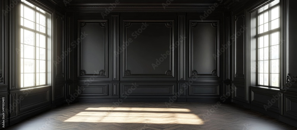 Poster minimalistic black interior space featuring sunlight streaming through a window adorned with white d