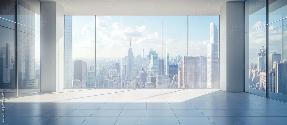 Poster stunning panoramic view of a vibrant city from a contemporary empty room during daytime ideal for sh