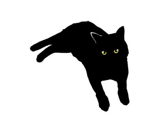 前を向いて寝そべる猫のシルエットイラスト（目あり）