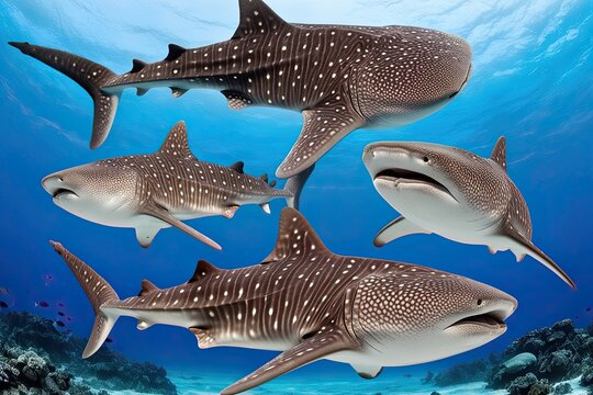 Whale Shark Perspectives Front Side and Top Views of Rhincodon Typus in Clear Ocean Setting