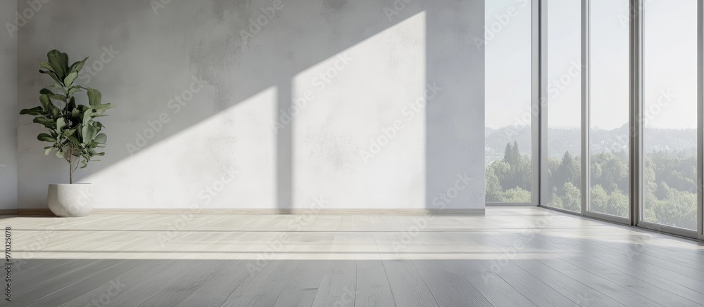 Poster empty interior in white and grey tones featuring decor on a wooden floor and a large wall with a sce