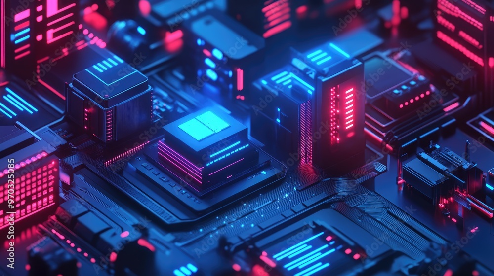 Poster 3d isometric infographic illustration of computer security in the context of artificial intelligence