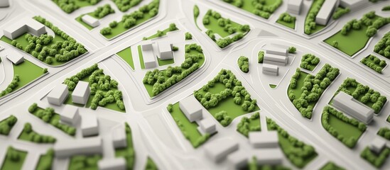 Map illustration featuring streets outlined in green on a white paper background A top down 3D render view showcases the detailed layout