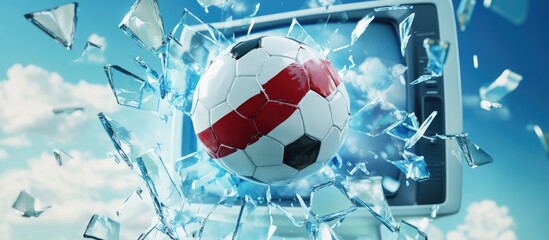 Soccer ball adorned with a flag soaring through a shattered television screen 3D rendered series