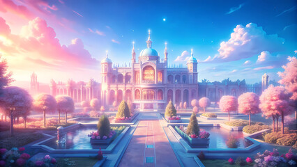 Obraz premium Fantasy Courtyard, Hallway Flowers Aisle Fountains