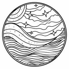 A black and white drawing of a fish and waves