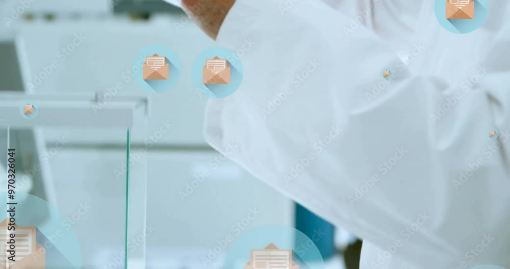 Poster animation of mail icons and data processing over caucasian male scientist in laboratory