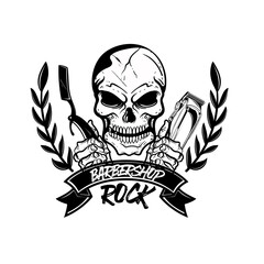 Barbershop skull holding razors and shaving machines service of Isolated on white background. Perfect for t-shirt, emblems, labels, badges and logos.