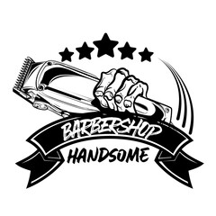 Barbershop skull holding shaving machines service of Isolated on white background. Perfect for t-shirt, emblems, labels, badges and logos.